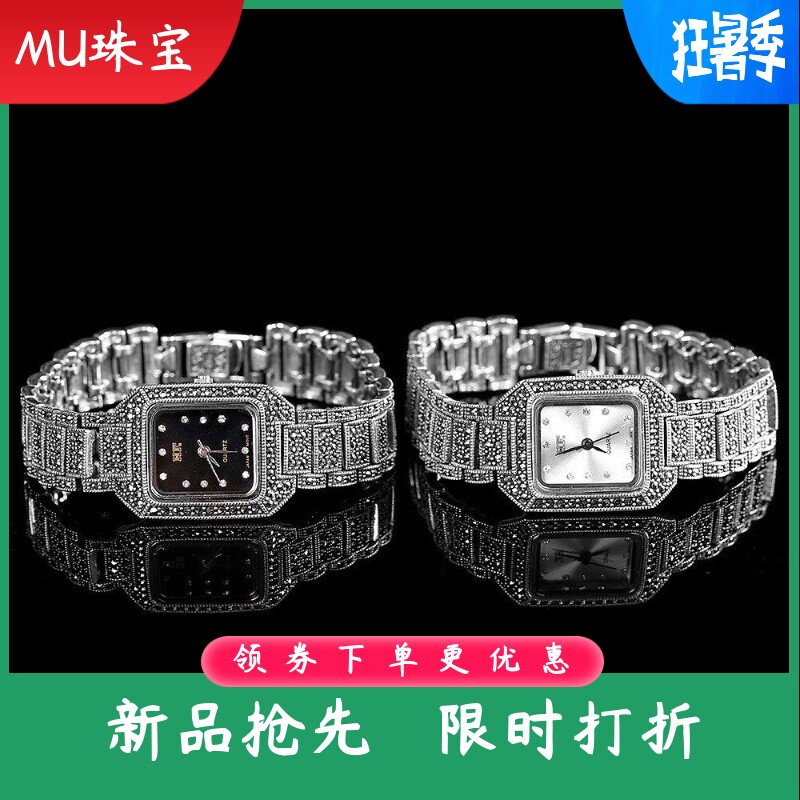 文艺复古泰银做旧S925银手链手表古风小方形日本石英机芯
