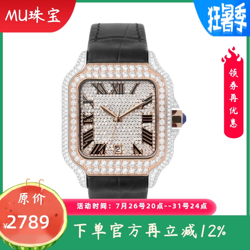 新款男士莫桑钻全自动机械手表满钻外贸欧美简约装饰皮带腕表男