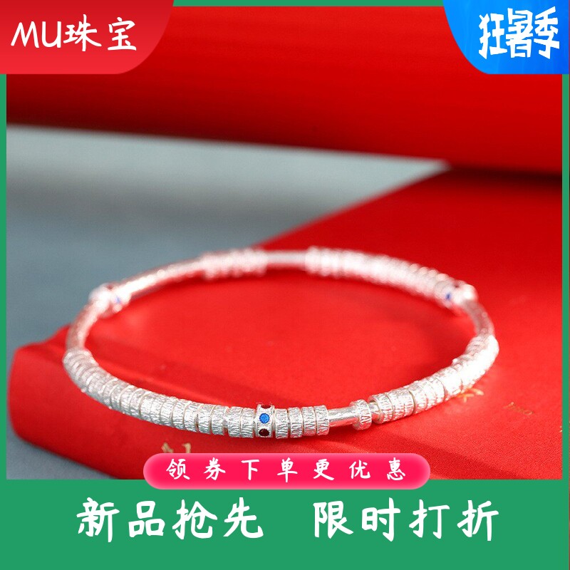 个性风潮手饰足银999.9手工手镯小银环烧蓝女士盘缠镯子
