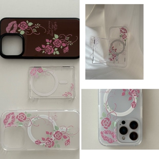 AnotherHill原创粉棕春季玫瑰唇印磁吸手机壳 磁吸卡包