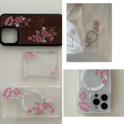 AnotherHill原创粉棕春季玫瑰唇印磁吸手机壳 磁吸卡包