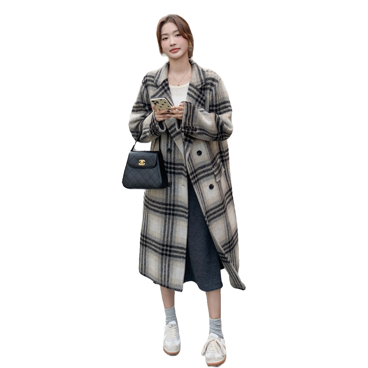 2023新款格子双面过膝呢大衣2371-P270控368+,女装毛呢外套,浙宝268（原浙宝222）