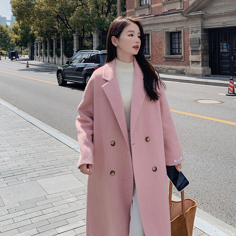 粉色双面羊绒大衣女2024秋冬新款韩系甜美气质中长款羊毛毛呢外套,女装毛呢外套,浙宝268（原浙宝222）