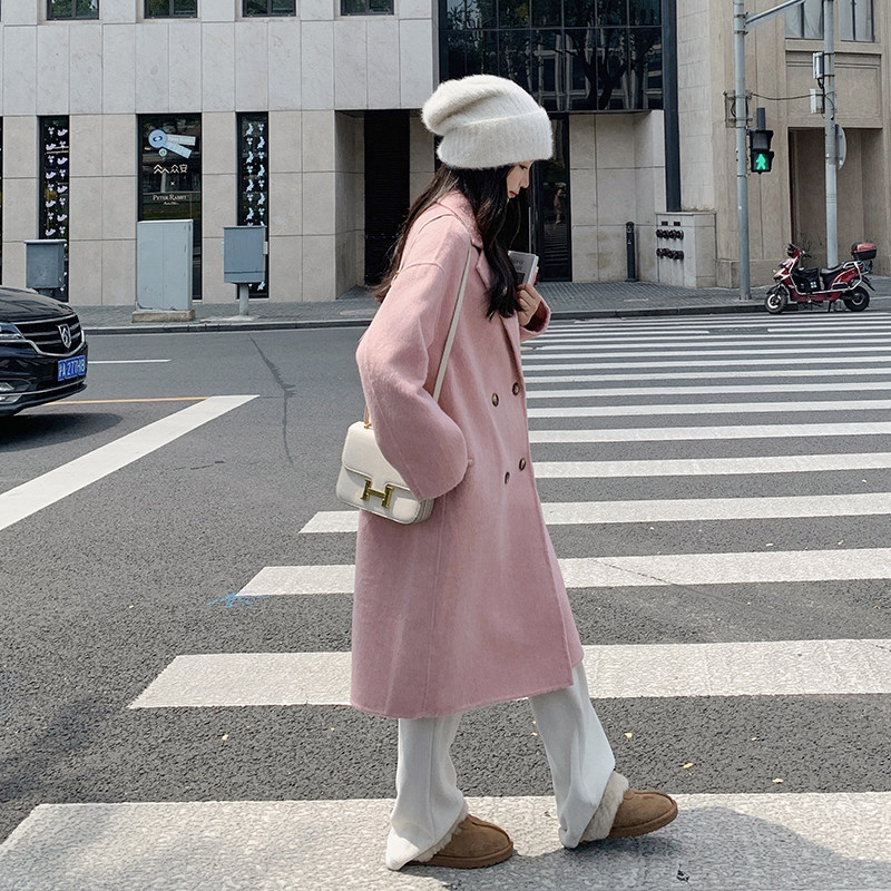 粉色双面羊绒大衣女2024秋冬新款韩系甜美气质中长款羊毛毛呢外套,女装毛呢外套,浙宝268（原浙宝222）