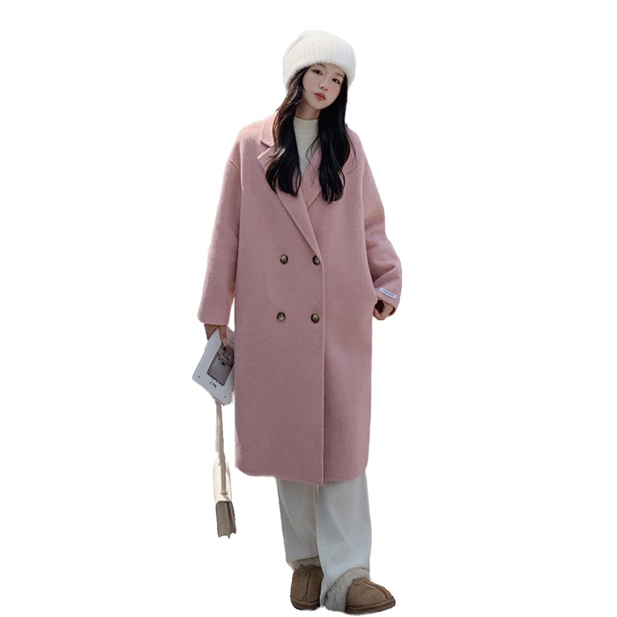 粉色双面羊绒大衣女2024秋冬新款韩系甜美气质中长款羊毛毛呢外套,女装毛呢外套,浙宝268（原浙宝222）