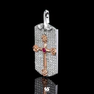 22k金镶嵌钻石镂空十字架白金小吊牌吊坠项链嘻哈配饰潮