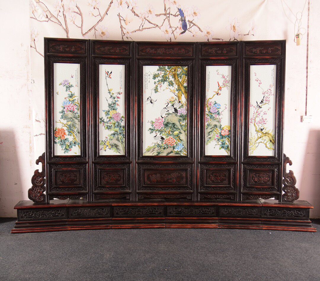 老件木框八扇双面粉彩鸟语花香花鸟纹瓷板画特大围屏大屏风摆件