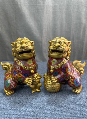 独特收藏景泰蓝精工红色掐丝珐琅事事顺意戏狮小摆件一对重3000克