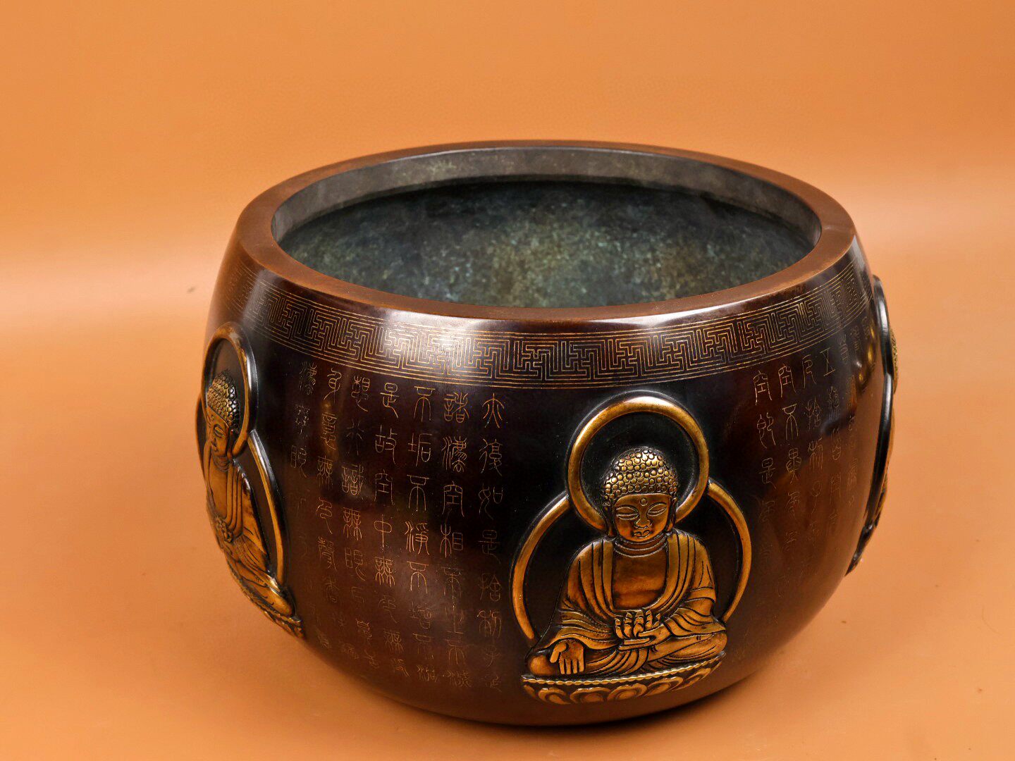 独特收藏纯紫铜精工掐银丝局部鎏金石叟款经文佛像大钵式香炉摆件