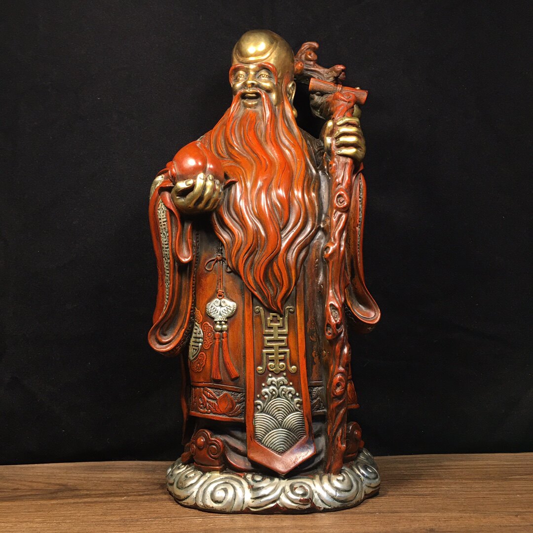 书房佛堂供奉老件纯紫铜鎏金鎏银长寿富贵老寿星大摆件重6.1公斤