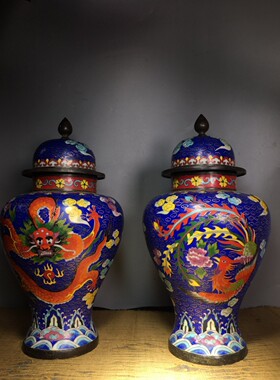 独特收藏景泰蓝蓝色掐丝珐琅彩龙凤呈祥瑞将军罐摆件一对重7560克