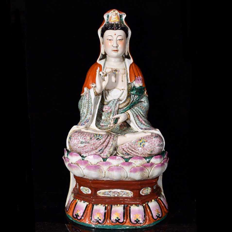 瓷雕佛像高85*42公分五彩描金莲花座普渡四海盖头观音摆件