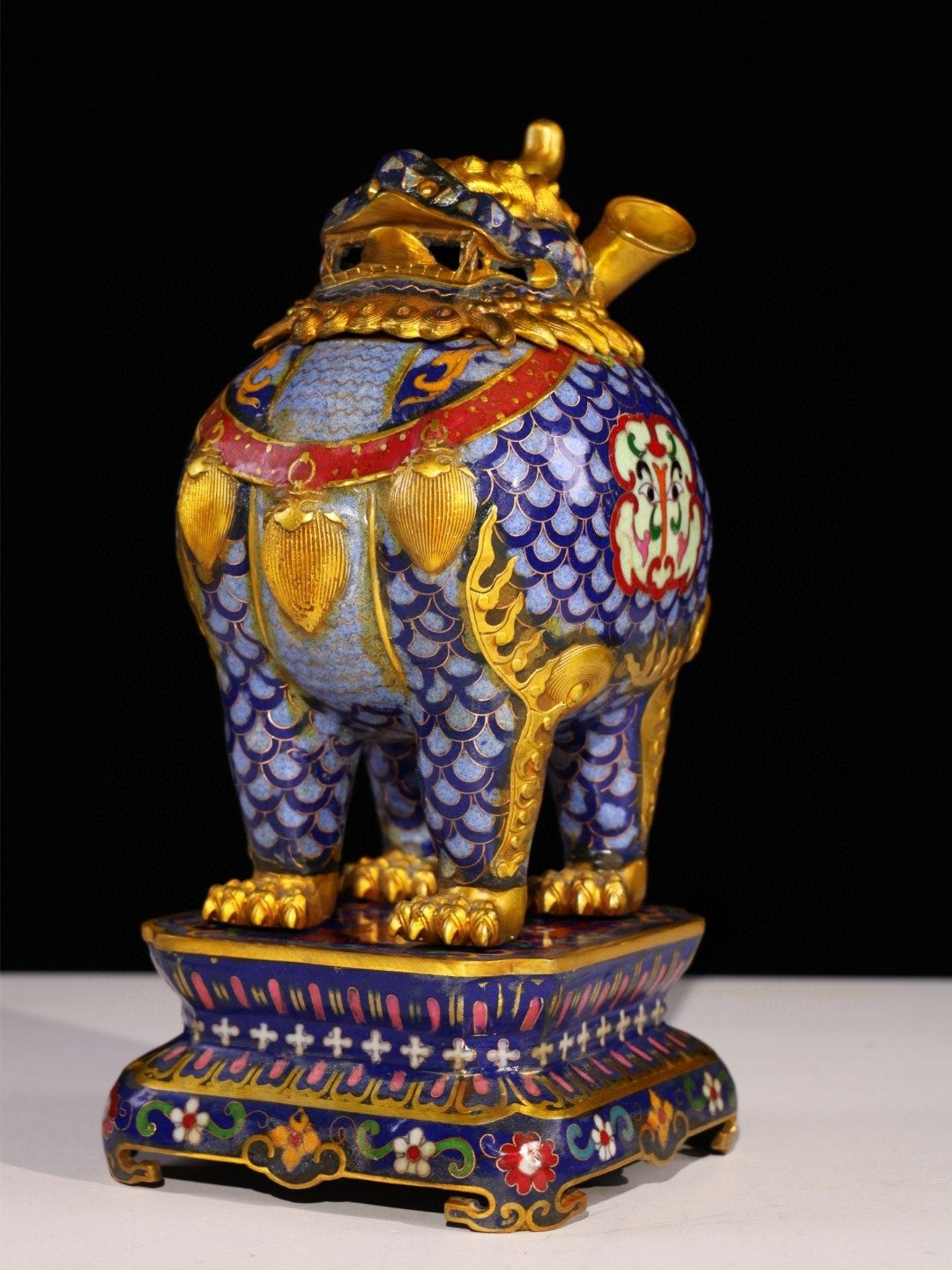 独特收藏纯铜景泰蓝掐丝珐琅高30厘米带底座金钱独角兽貔貅薰香炉