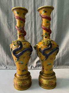 独特收藏景泰蓝金色掐丝珐琅精工浮雕三龙戏珠底座大花瓶摆件一对