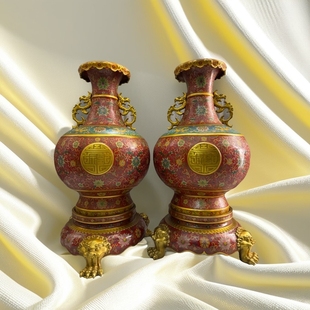 独特收藏景泰蓝红色掐丝珐琅带底座底座花口福字大肚花瓶摆件一对