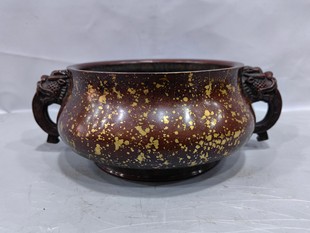 老件纯紫铜洒金工艺 龙头瑞兽香炉摆件重量3575克 浮雕双龙戏珠款