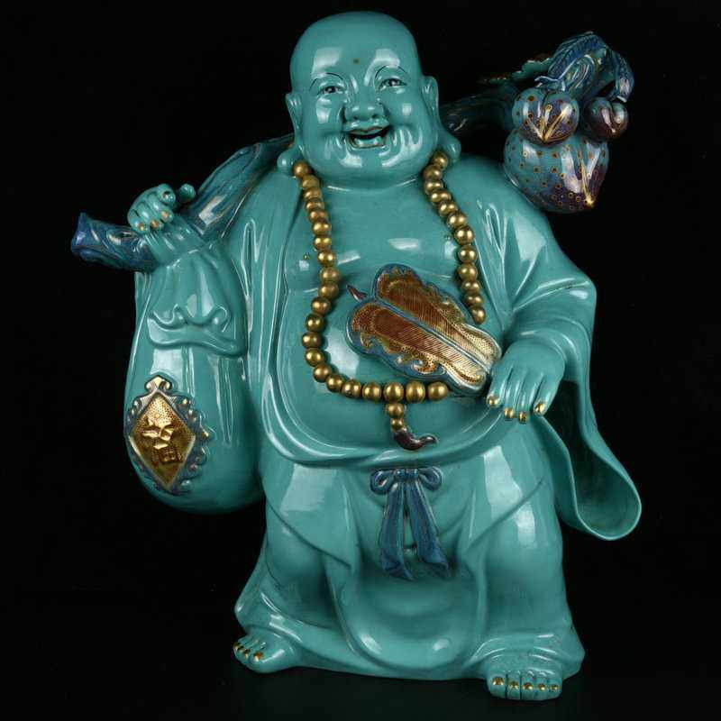 早期收藏雍正年制款松石绿鎏金瓷雕挑寿桃布袋大肚弥勒笑佛摆件