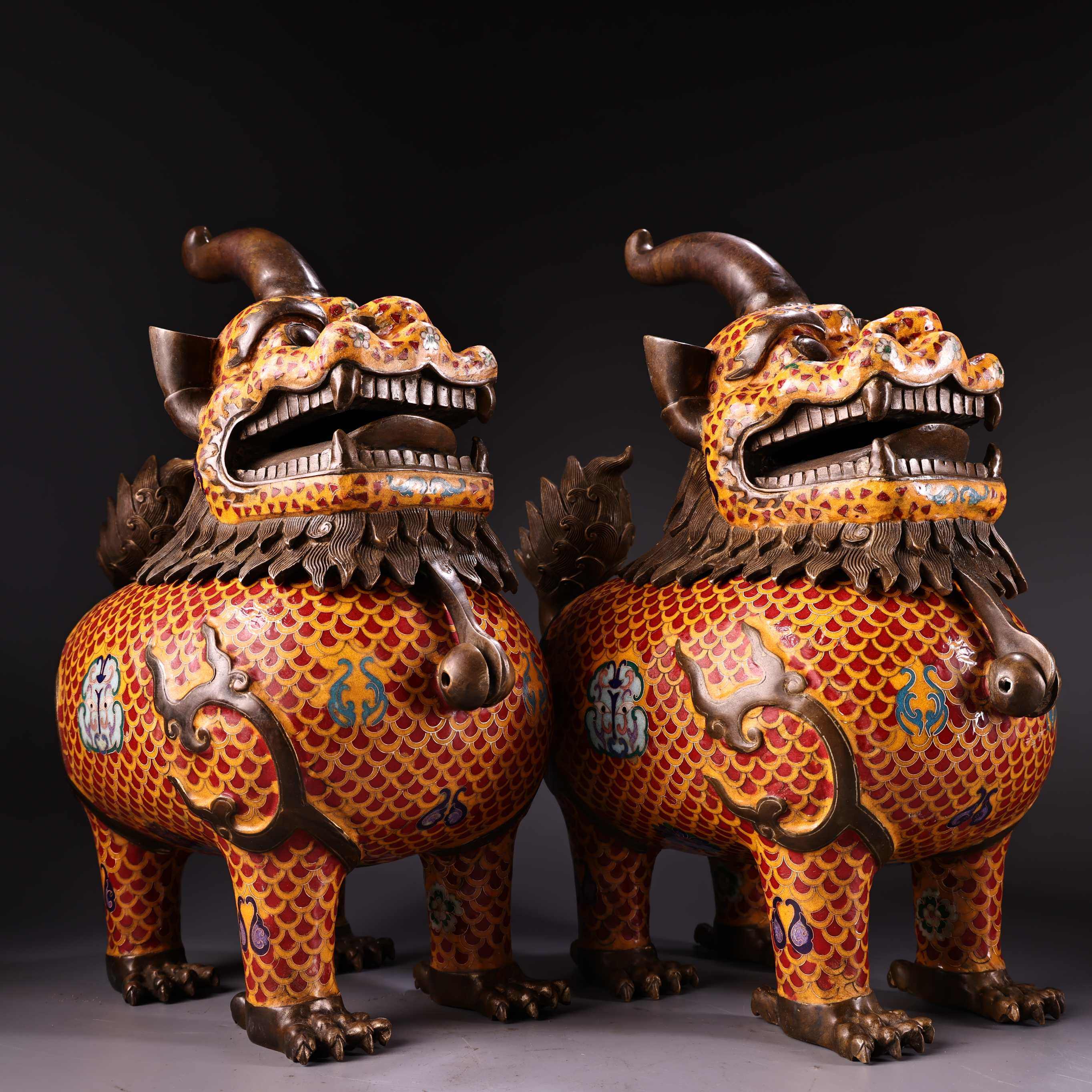 独特收藏景泰蓝掐丝珐琅彩独角瑞兽大貔貅薰香炉摆件一对22公斤