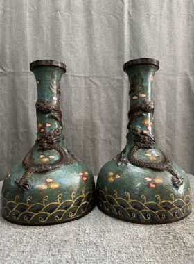 早期收藏老件景泰蓝高36厘米盘龙云海双龙马蹄花瓶一对重8.8公斤
