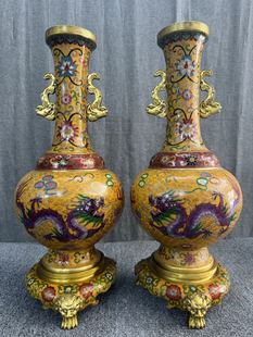 独特收藏景泰蓝金色掐丝珐琅高53厘米带底座龙凤长颈花瓶一对