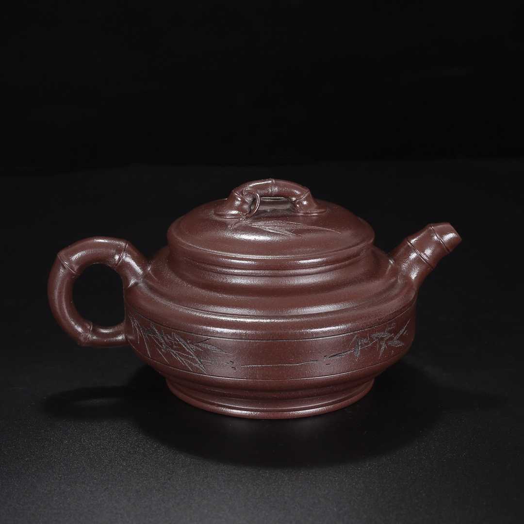 休闲品茗底款曼晞陶艺紫泥料16/8cm450cc网孔双线竹鼓紫砂壶摆件