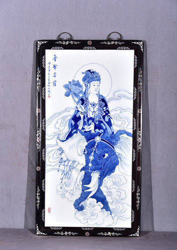 独特收藏老件木框镶手绘青花瓷板画王步作品《普贤菩萨》挂屏挂板