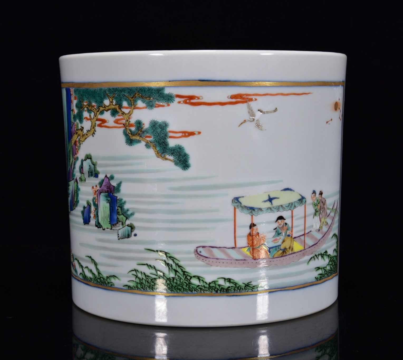 书房客厅摆放康熙年款青花五彩后赤壁赋"诗词笔筒摆件15.5*18cm