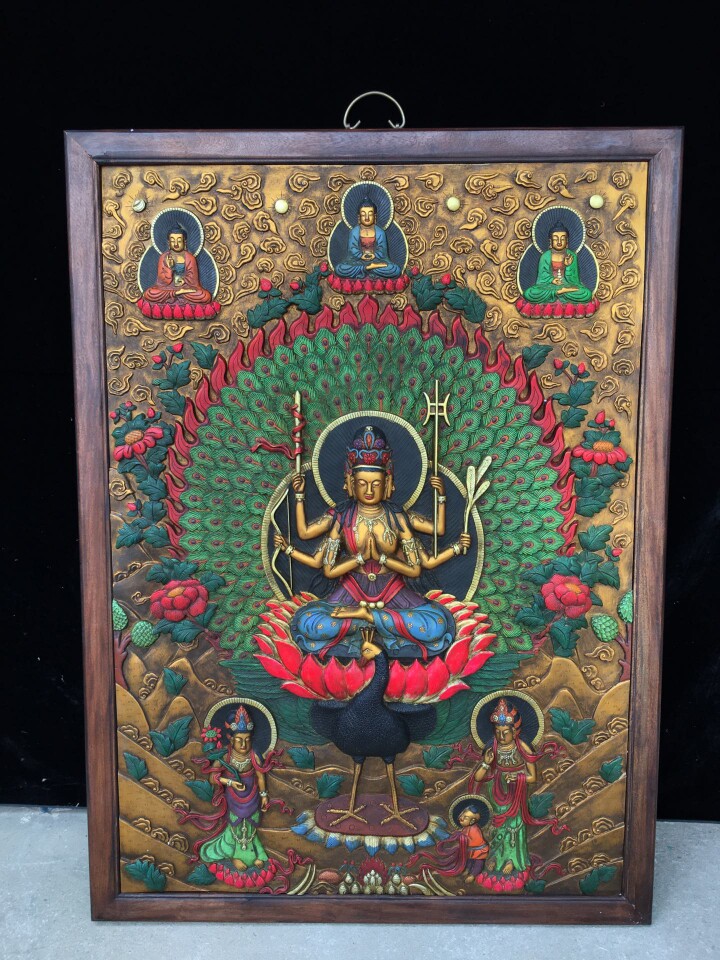 独特收藏老件木框镶紫铜板彩绘莲花宝座准提菩萨唐卡挂板摆件