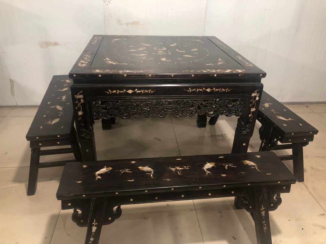 仿明清家具大叶紫檀木雕桌高83*98公分凳150*23*46方桌凳一套