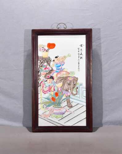 独特收藏老件木框镶手绘粉彩瓷板画吉祥如意万象更新挂屏挂板摆件
