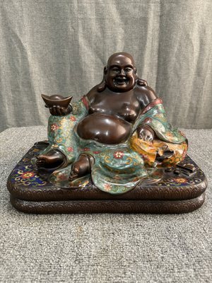 书房佛堂供奉老件景泰蓝掐丝珐琅莲花底座捧元宝大肚弥勒佛摆件