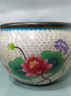 独特收藏景泰蓝白色珐琅彩乾隆年制款百年好合莲花大香炉缸摆件
