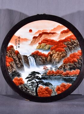 老件木框镶手绘粉彩瓷板画汪野亭作品鸿运当头圆形大挂屏挂板