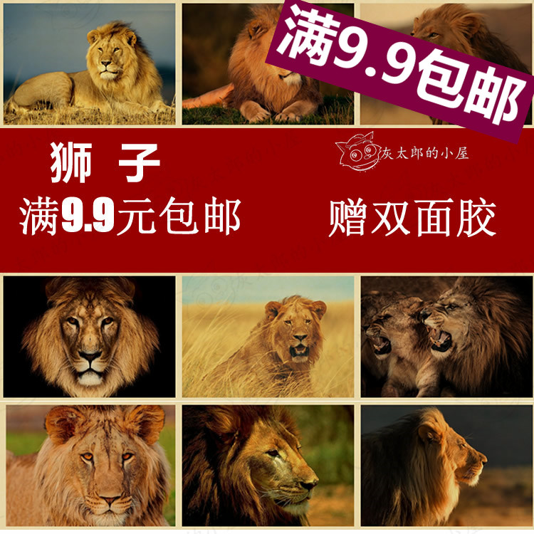狮子画 复古装饰画 雄狮图 牛皮纸海报 客厅卧室挂画 怀旧无框画