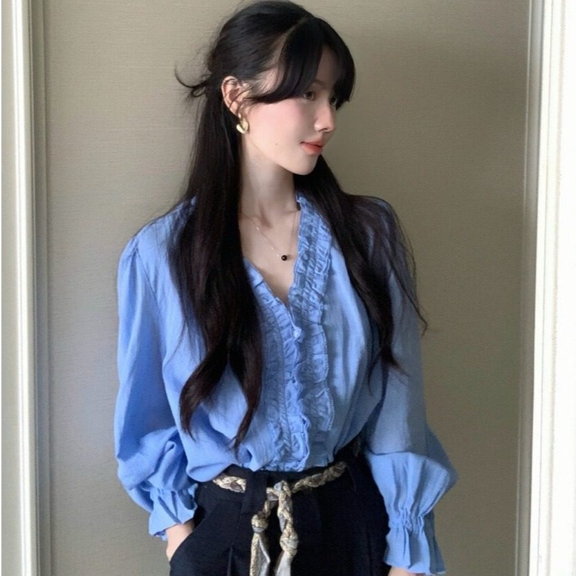 法式小资蓝色木耳边长袖衬衫女秋季新款高级感宽松显瘦喇叭袖上衣,女装/女士精品,衬衫,淘宝优惠券,粉丝福利购,淘宝优惠卷