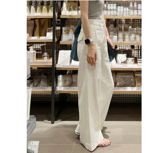 2026早春新款小个子白色棉麻阔腿裤高腰垂感显瘦直筒休闲裤子女装