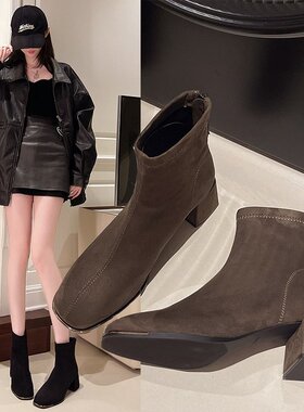 2025秋季新款女鞋绒面橡胶短筒粗跟布冬季后拉链黑色棉里方头