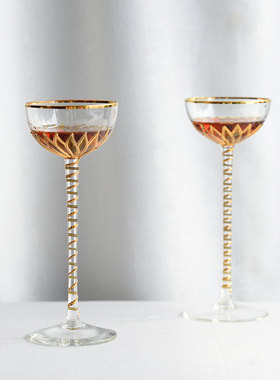 20世纪后期美国玻璃蒂凡尼风格口吹塑形釉上彩高脚带花酒杯