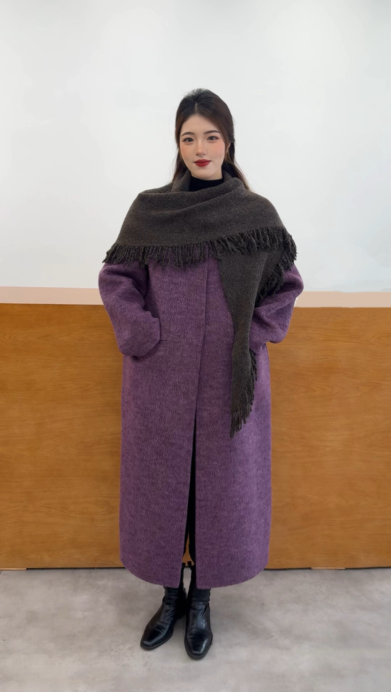 2025冬季加厚双面羊毛大衣女韩版中长款流苏针织披肩时尚羊毛外套