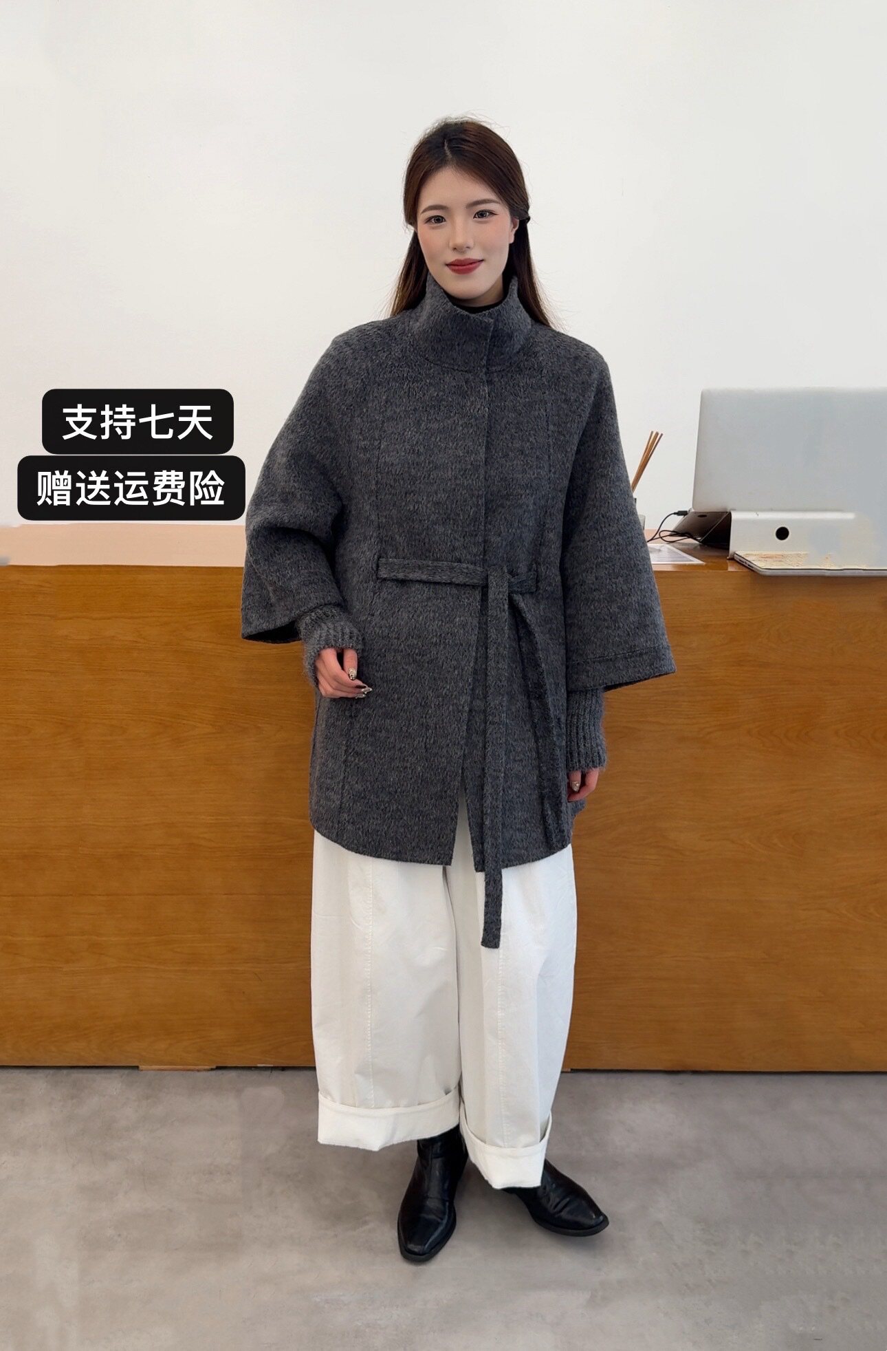 2026年早秋斗篷新款立领双面羊毛大衣系带假两件针织袖羊毛外套女