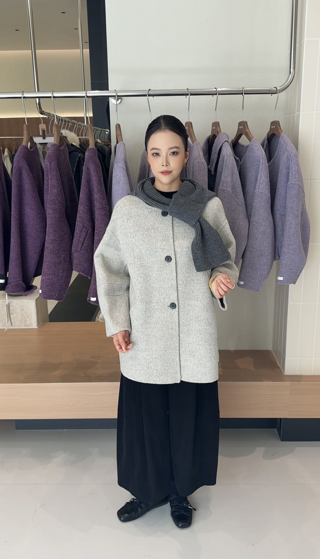 2026年早秋气质针织连帽围巾中长款羊毛大衣毛呢外套新款宽松女装