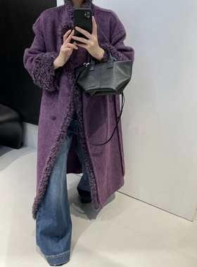 紫色羊羔毛拼接双面羊毛大衣女2025冬季气质长款系带收腰毛呢外套