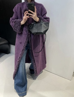 紫色袖口拼接双面羊毛大衣女2025冬季气质长款系带收腰毛呢外套女