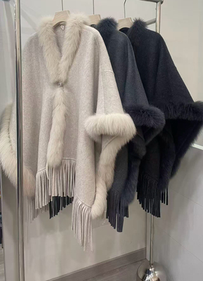 2025年冬季加厚狐狸毛流苏披肩双面羊毛大衣高端斗篷羊毛呢外套女