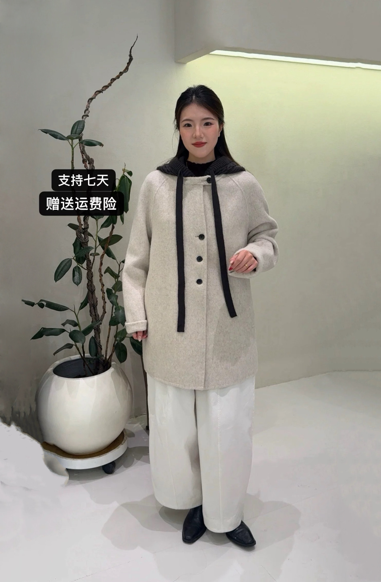 2026年秋季针织连帽双面羊毛大衣女中长款韩版小个子羊毛呢子外套