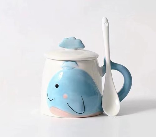 创意马克杯带盖带勺鲸鱼陶瓷杯清新简约情侣大肚杯子400ml