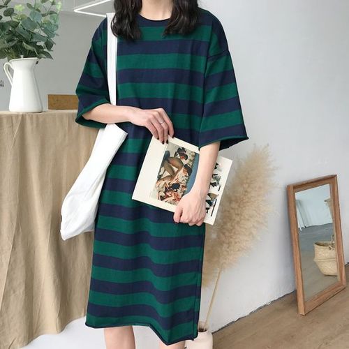 Real Price ~Control Price ~32 Yuan ~Baitao Medium and Long T-shirt Dresses with Round Collar and Loose Stripes