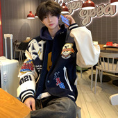 国潮牌美式 复古毛巾刺绣棒球服男女情侣春秋高街百搭痞帅夹克外套