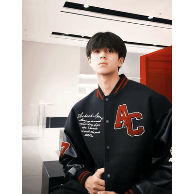 美式潮牌字母刺绣撞色棒球服