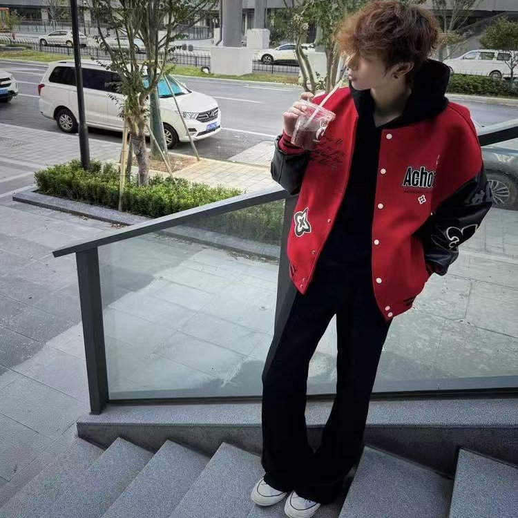 美式复古撞色拼接字母刺绣棒球服